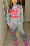 Grey Fashion Casual Letter Print Basic O Neck Long Sleeve Two Pieces