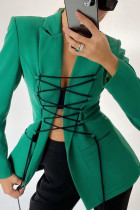Green Street Polyester Solid Split Joint Frenulum Turn-back Collar Outerwear