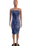 Blue Polyester Fashion Casual adult Ma'am Spaghetti Strap Sleeveless Slip Pencil Dress Knee-Length Print Leopard Dresses
