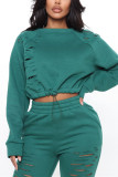 Black Green Fashion Casual Solid Ripped O Neck Long Sleeve Two Pieces