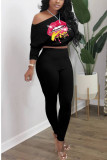 Black Casual Print Solid pencil Long Sleeve Two Pieces