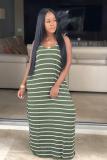 Green Fashion Sexy Spaghetti Strap Sleeveless Slip Straight Floor-Length Striped Casual Dresses