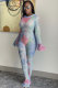 colour Fashion Sexy Print Patchwork Mesh Ruffled Long Sleeve O Neck Jumpsuits