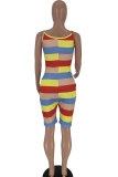 Pink Sexy Fashion Patchwork Striped Print Polyester Sleeveless Slip Rompers
