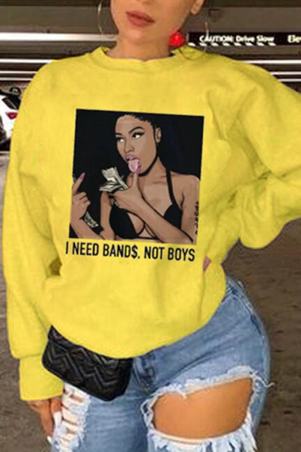 Yellow Fashion Casual Print Basic O Neck Tops