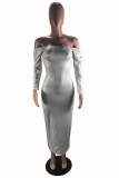 Grey Sexy Off The Shoulder Long Sleeves One word collar Step Skirt Ankle-Length hollow out Soli