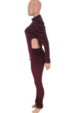 Wine Red Sexy perspective Patchwork Mesh Solid Long Sleeve O Neck Jumpsuits