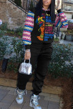Black Casual Print O Neck Long Sleeve Two Pieces