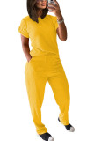 Yellow Polyester Fashion Casual adult Ma'am Patchwork Solid Two Piece Suits Straight Short Sleeve Two Pieces
