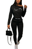 Black Fashion Casual Adult Print Letter Oblique Collar Long Sleeve One Shoulder Regular Two Pieces