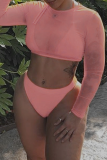 Pink Sexy Solid Mesh Swimwears