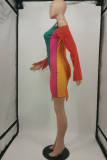 Deep Blue Fashion Sexy Patchwork Hollowed Out Strap Design Asymmetrical O Neck Long Sleeve Dress