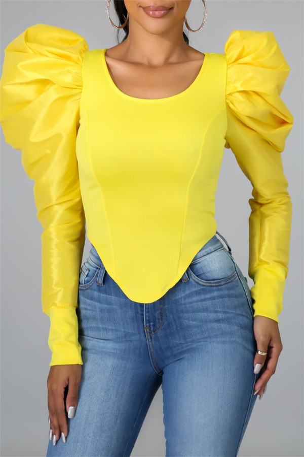 Yellow Fashion Casual Solid Patchwork O Neck Tops