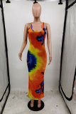 Light Blue Fashion Sexy adult Orange purple Tank Sleeveless Square Swagger Ankle-Length Print Patchwork Tie and dye Dresses