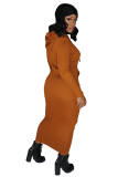 Orange Fashion Casual adult Cap Sleeve Long Sleeves O neck Step Skirt Mid-Calf Patchwork Solid