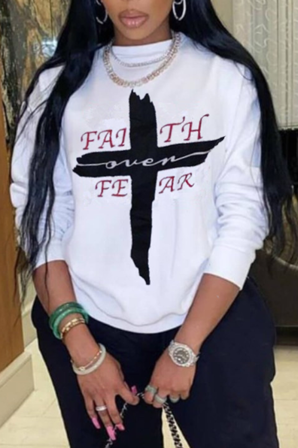 White Casual Print Patchwork O Neck Tops