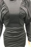 Black adult Casual Fashion lantern sleeve Long Sleeves Mandarin Collar Asymmetrical Mini Solid P