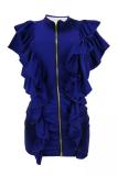 Navy Blue adult Fashion Sexy Ruffled Sleeve Sleeveless V Neck Asymmetrical skirt chain ruffle Solid