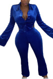 Blue Sexy Polyester Flocking Solid Backless Slit Turndown Collar Long Sleeve Regular Sleeve Short Two Pieces