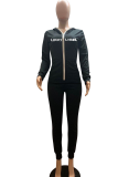 Red Street Solid Embroidered Letter Hooded Collar Long Sleeve Two Pieces