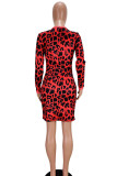 Red Casual Long Sleeves Step Skirt Mini Print Leopard Dresses