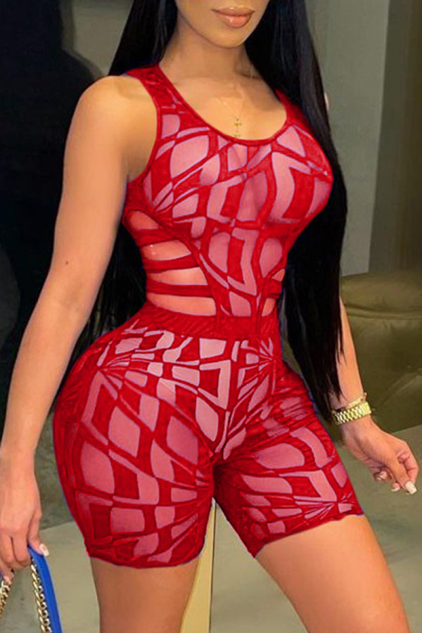 Red Fashion Sexy Patchwork See-through O Neck Sleeveless Two Pieces