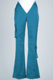 Blue Casual Solid Pocket Regular High Waist Speaker Bottoms