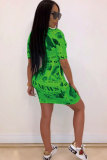 Green Polyester Sexy Cap Sleeve Short Sleeves O neck Step Skirt Mini Patchwork Print Club Dresses