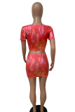 Tangerine Red Sexy Print Patchwork U Neck Short Sleeve Two Pieces