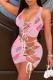 Pink Letter Print Bandage Patchwork Spaghetti Strap Sleeveless Two Pieces