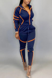 Navy Blue Polyester Fashion Active adult Ma'am Patchwork Solid Two Piece Suits pencil Long Sleeve Two Pieces