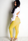 Yellow Polyester Elastic Fly Mid Solid bandage Patchwork pencil Pants Pants