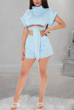 Light Blue venetian Fashion Sexy Patchwork Solid pencil Short Sleeve Two Pieces