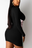 Black Sexy Print O Neck Pencil Skirt Dresses