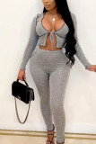 Light Blue Street Polyester Solid Hollowed Out See-through U Neck Long Sleeve Short Two Pieces