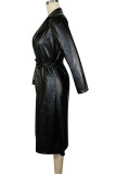 Red Fashion Street Adult Faux Leather Solid With Belt Turndown Collar Outerwear