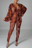 Leopard Print Fashion Sexy Leopard Backless V Neck Regular Jumpsuits