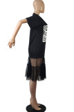 Black Fashion adult Ma'am Street Cap Sleeve Half Sleeves O neck Princess Dress Mid-Calf Print Patchwork Mesh Dresses