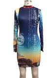 Blue Sexy Print Patchwork O Neck Pencil Skirt Dresses