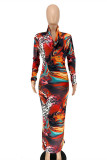 Multicolor Fashion Casual Print Without Belt Long Sleeve Plus Size Dress