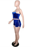Blue Sexy Casual Solid Backless Spaghetti Strap Sleeveless Two Pieces