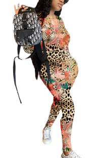 Red Fashion Casual Street Polyester Cotton Blends Print Leopard Floral O Neck Regular Jumpsuits