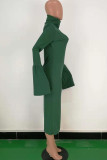 Green Polyester Sexy Bell sleeve Long Sleeves Turtleneck Step Skirt Mid-Calf asymmetrical Solid Patchwork