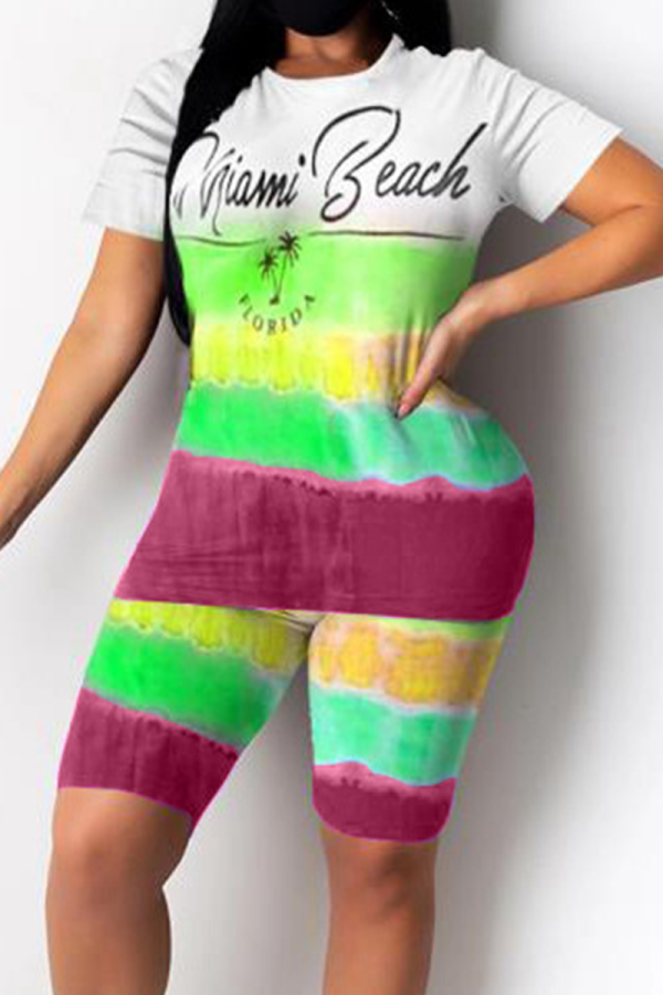 Green Casual Patchwork Tie-dye O Neck Short Sleeve Two Pieces