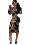 Black Sexy Fashion Long Sleeves O neck Pencil Dress Knee-Length Print