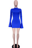 Blue Polyester Sexy Bell sleeve Long Sleeves O neck Step Skirt skirt Solid Patchwork stringy selvedge Cl