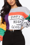 Grey Print Draw String Letter O Neck Tops
