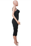 Black Sexy Solid Hollowed Out Backless Spaghetti Strap Sleeveless Dress