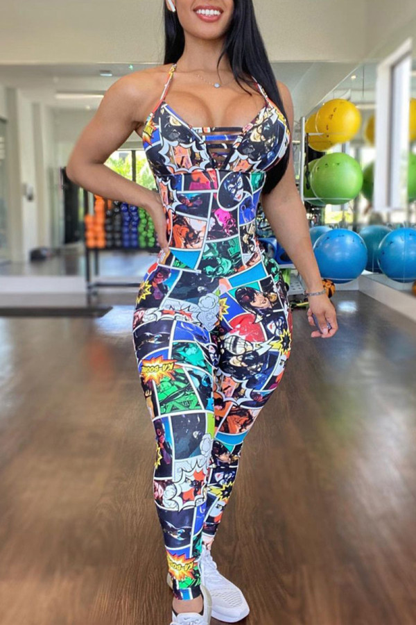 Colour Casual Sportswear Print Backless Spaghetti Strap Skinny Jumpsuits