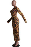 Yellow Street Print Leopard O Neck Long Sleeve Two Pieces